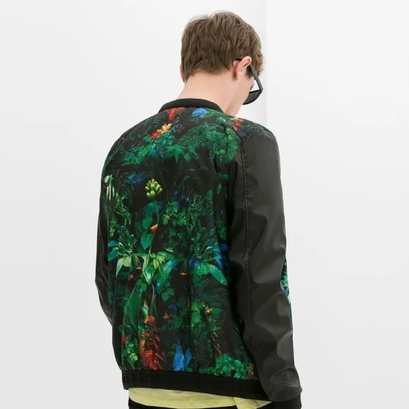 Zara Man Black And Tropical Print Bomber Jacket ~ Size Medium - Picture 2 of 15